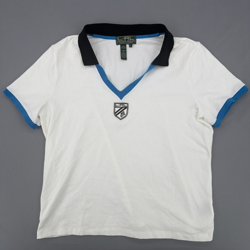 L-RL Lauren Active Womens Top XL White/Navy Trim V Neck Short Sleeve Side Slits
